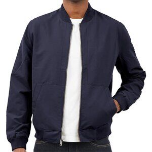 Men's Dark Blue Classic Bomber Style Jacket Coat Cuffs Collar Designed Zip Up